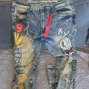 Reason Blue Skinny Jeans with Distressed Design and Paint Splatter